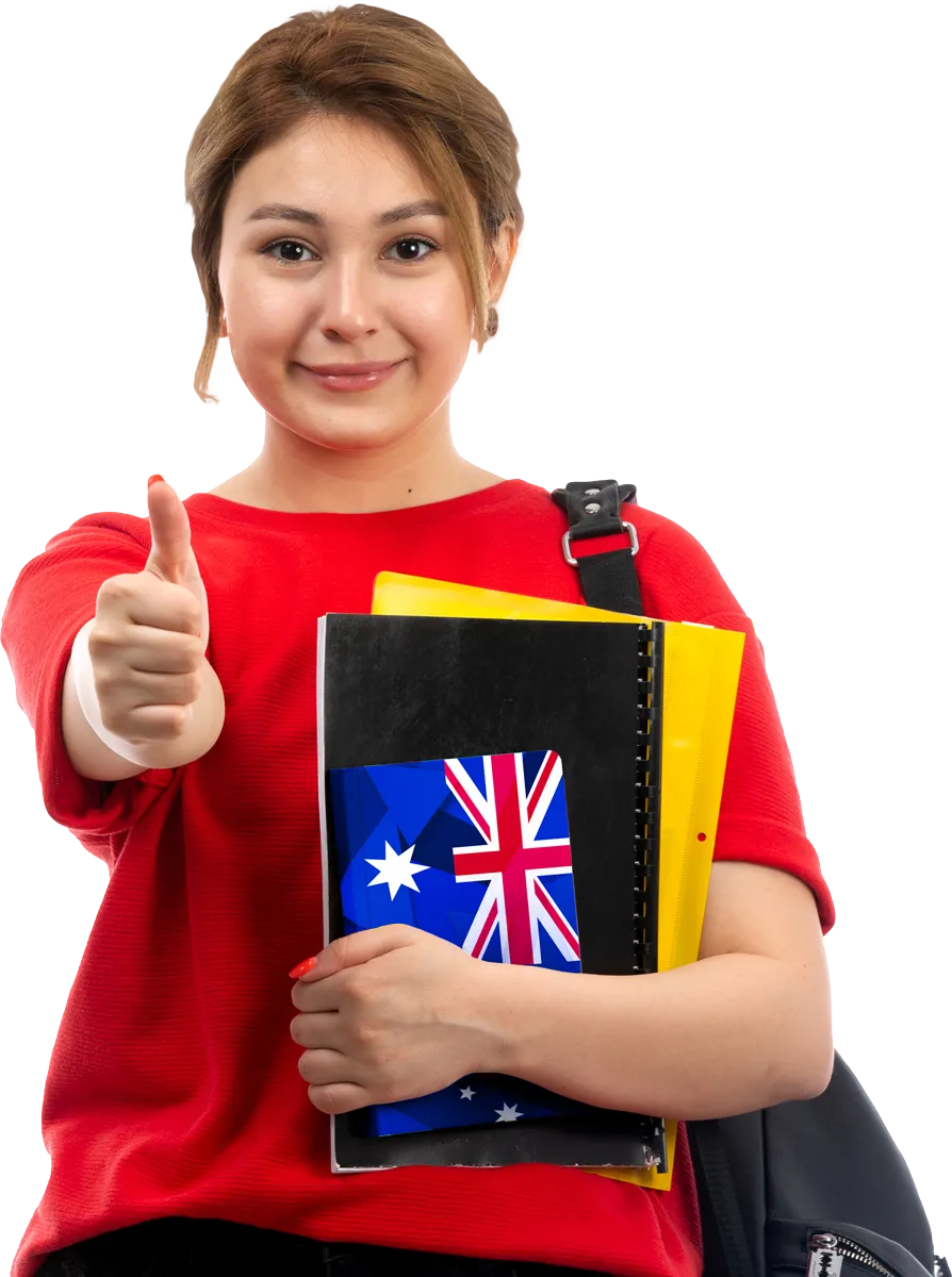 female student holding books showing a thumbs up